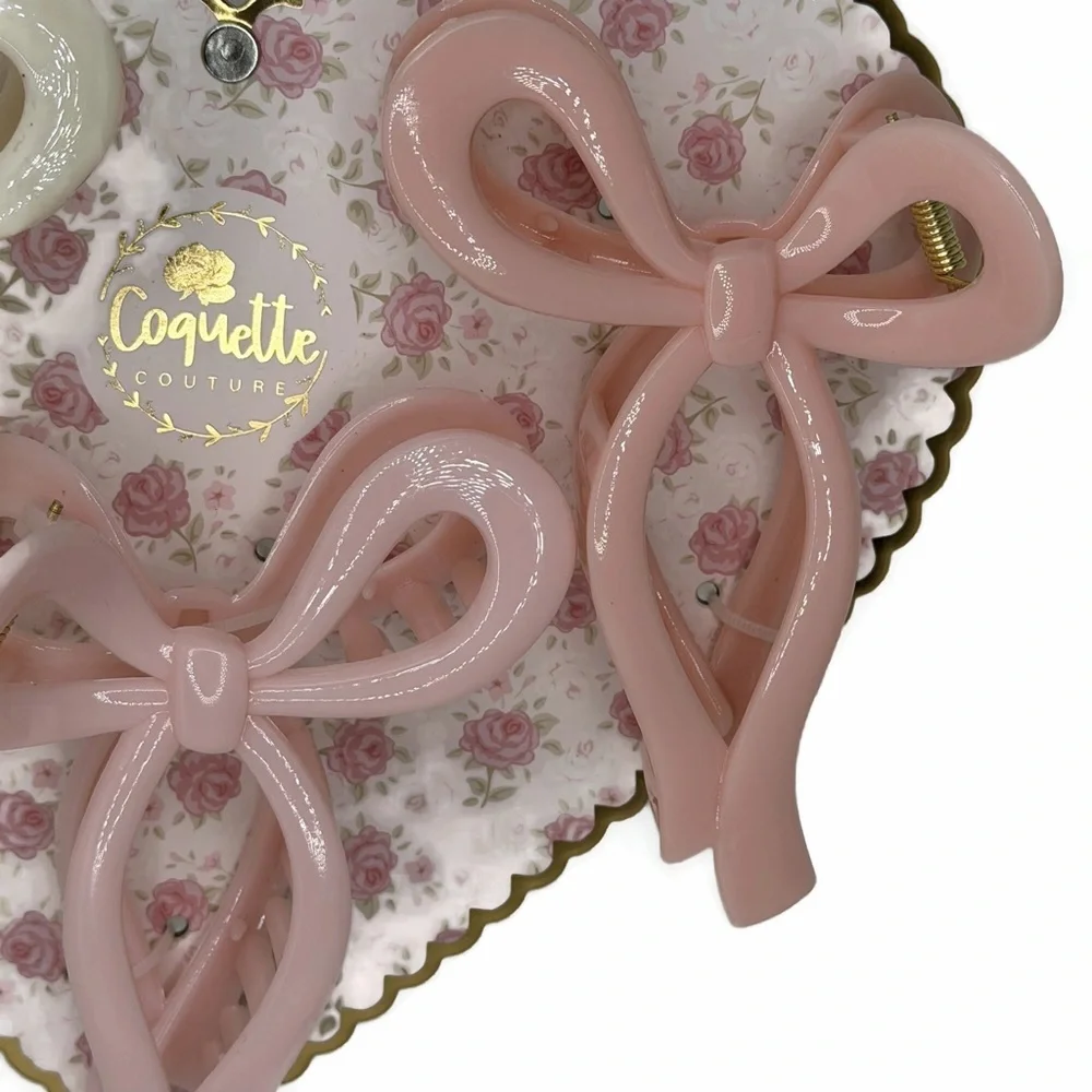 Coquette Couture Ribbon Bow Design Hair Claw Clips Pink White Set of 3
